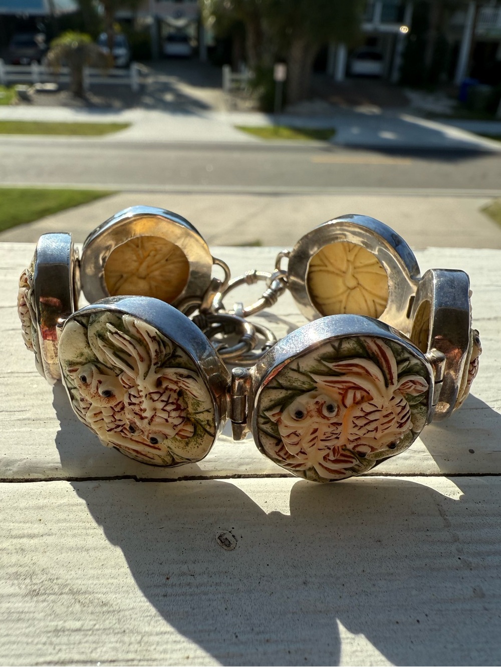 Rare! Charles Albert Green and Cream Fish Motif Sterling Silver Bracelet